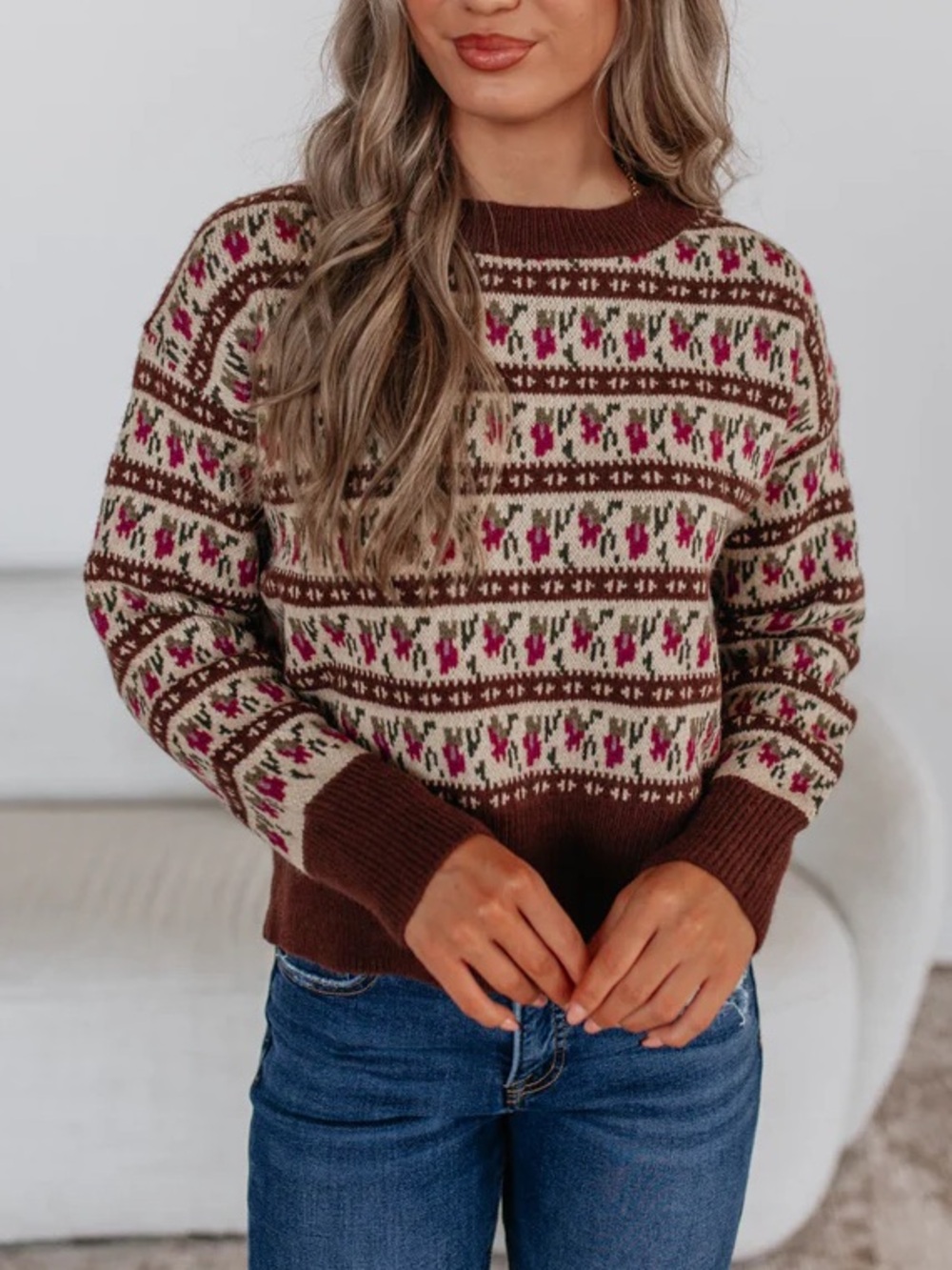 NWT Listicle Floral Knit Sweater Brown Purple Boho NEW